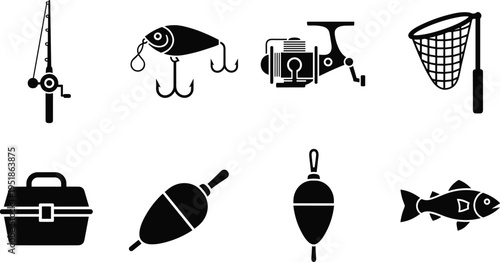 Silhouette icons of fishing equipment including rod, reel, lure, net, tackle box, bobbers, and fish for recreational angling, sport fishing, and outdoor design resources