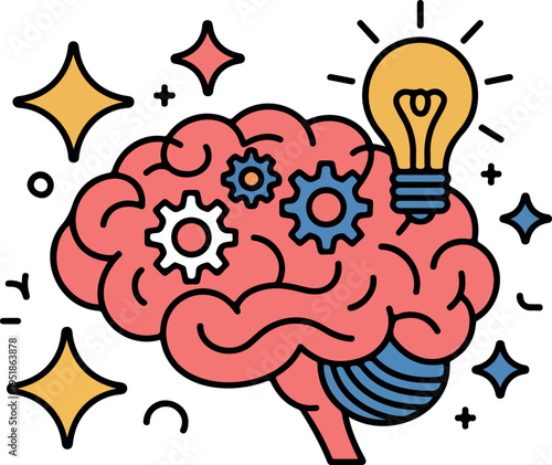 Creative brain concept illustration with gears and lightbulb representing innovation and mechanical thinking