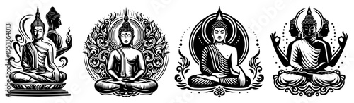 Buddha silhouette icons set vector, meditation and zen spirituality concept in hand drawn decorative style