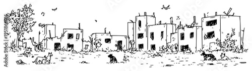 Ruined city ruins landscape vector, abandoned destroyed buildings and disaster scene hand drawn sketch
