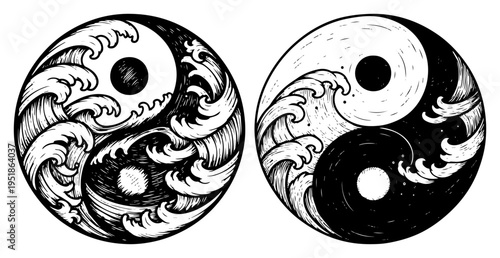 Yin Yang symbol with ocean waves vector set, balance and harmony concept in hand drawn vintage sketch style