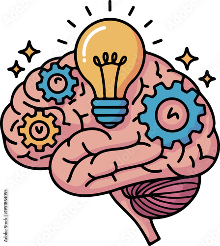Detailed brain anatomy with internal gears and glowing lightbulb symbol for cognitive problem solving tasks