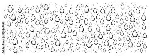 Water drops pattern vector background, falling rain or sweat droplets in hand drawn sketch style