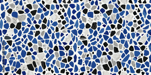Abstract mosaic pattern featuring irregular blue gray and white shapes