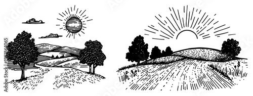 Rural landscape with hills trees and sun vector, countryside farm field scenery in hand drawn sketch style