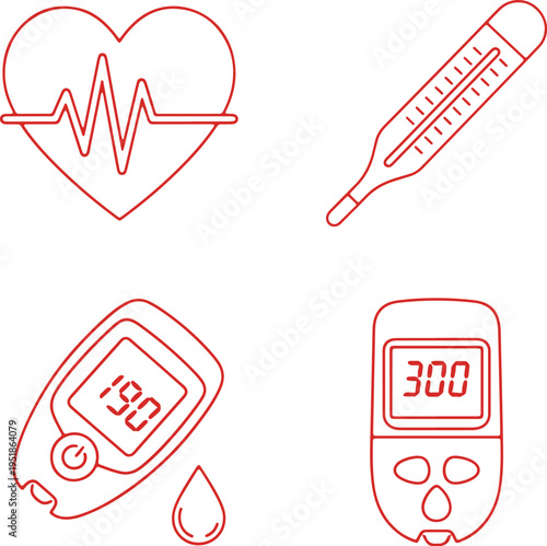 Health monitoring icons including heart rate, thermometer, and glucometer readings
