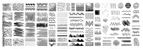 Hand drawn line art texture brushes set vector, organic hatch patterns and abstract scribbles for sketch style