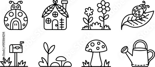 Enchanting garden elements set ladybug house mailbox flowers mushroom watering can sprouts