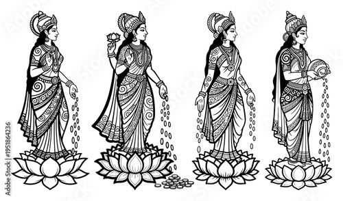 Hindu goddess Lakshmi set vector, Indian deity of wealth and abundance in hand drawn line art style