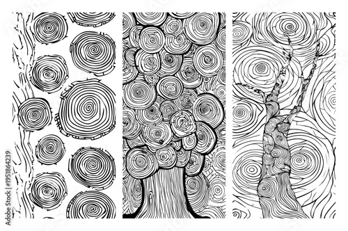 Wood grain tree rings cross section textures vector, organic timber patterns in hand drawn vintage sketch style