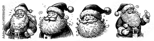 Christmas Santa Claus characters set vector, jolly holiday mascot collection in hand drawn retro ink sketch style