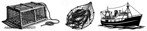 Fishing equipment set with boat net and trap vector, commercial sea fishing industry hand drawn sketch