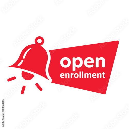 Red bell icon with "open enrollment" text in a speech bubble, symbolizing an important announcement or reminder for registration.