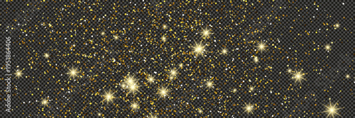 Gold glittering dust with stars on transparent backdrop