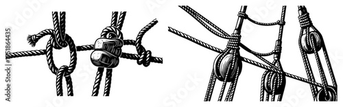 Nautical rope knots and ship rigging set vector, maritime sailing equipment in hand drawn vintage sketch style