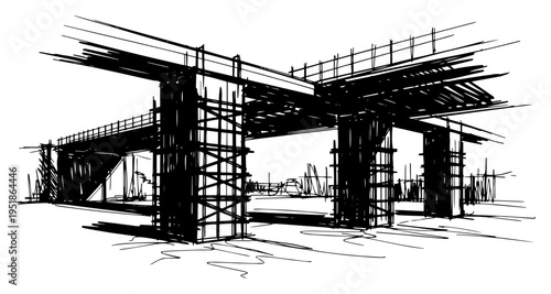 Bridge under construction overpass vector, industrial highway infrastructure scene in hand drawn sketch style