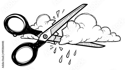 Scissors cutting clouds surreal concept vector, creative dream or weather metaphor in hand drawn sketch style