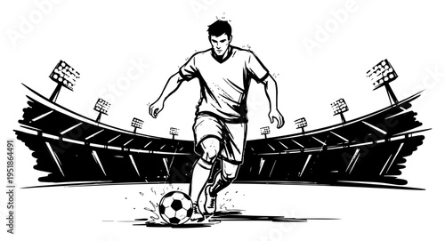 Soccer football player kicking ball in stadium vector, athlete in action on field hand drawn sketch style