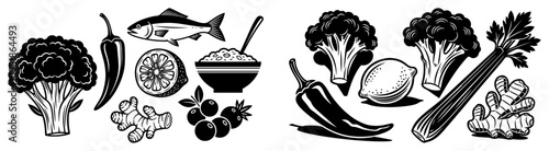 Healthy food ingredients set vector, fresh vegetables fish and spices collection in hand drawn sketch style