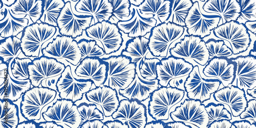 Repeating floral pattern with blue blossoms on a white background