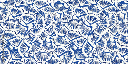 Seamless pattern of stylized blue and white ginkgo leaves