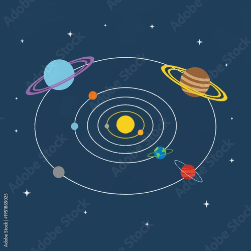 Stylized Solar System with Planets Orbiting the Sun.