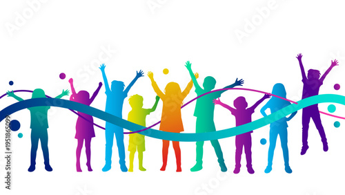 sagome, silhouette, bambini, gruppo di amici, allegria, festa, buon umore