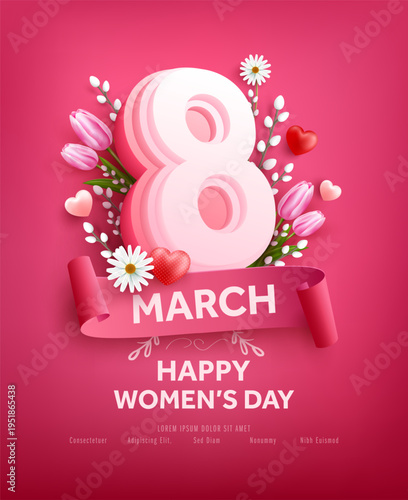 8 march women's day Poster or banner with flower and sweet hearts on pink background.Promotion and shopping template for Love and women's day concept