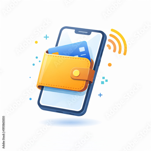 Digital wallet on smartphone with credit card and contactless payment icon, online payment concept