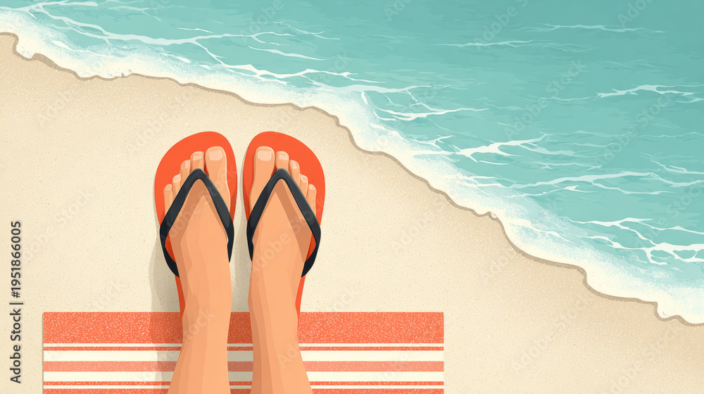 Naklejka premium Relaxing beach vacation scene with flip flops by the ocean shore