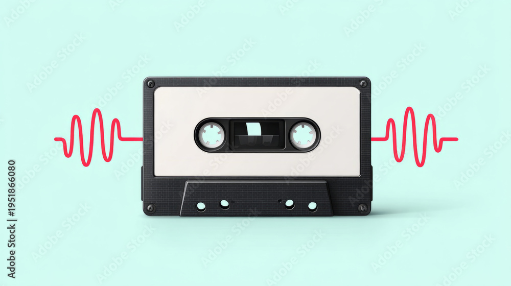 Fototapeta premium Retro cassette tape with unwinding ribbon and music wave pattern on pastel background