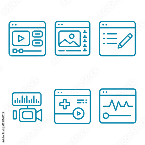 Set of six interface icons for multimedia content creation and editing in blue color on transparent background vector