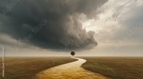 Tree is standing in a field next to a river. The sky is cloudy and the weather is stormy