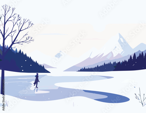 A snowy winter mountain landscape with a ski resort, pine trees, and bright sun under a clear cold sky