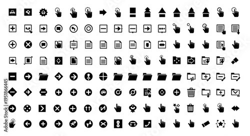 Collection of black and white vector icons for user interface design, including arrows, cursors, folders, and mathematical symbols
