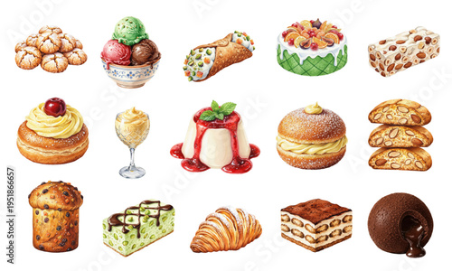 Watercolor Italian dessert collection set with sweet pastry elements