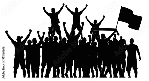 Dynamic vector silhouette of a jubilant crowd, arms raised high in triumphant celebration with a waving flag, symbolizing collective success, powerful unity, and fervent enthusiasm