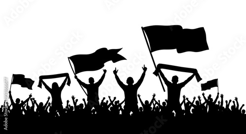 Vector illustration of an enthusiastic crowd silhouette cheering, with raised arms, flags, and banners, symbolizing unity, celebration, or a passionate protest event