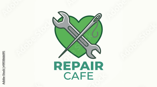 Repair Cafe logo vector with crossed wrench and needle over green heart, symbolizing repair, sustainability, and community service
