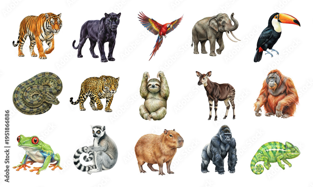 Obraz premium Watercolor tropical jungle animals set with exotic wildlife collection
