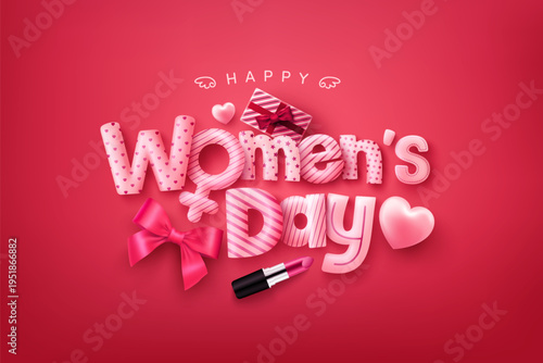 Happy Women's Day Poster or banner with cute font,sweet hearts and gift box on red background.Promotion and shopping template or background for Women' Day and Love concept