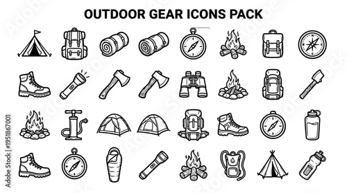 Collection of detailed black and white outdoor gear icons representing essential camping and hiking equipment for adventure.