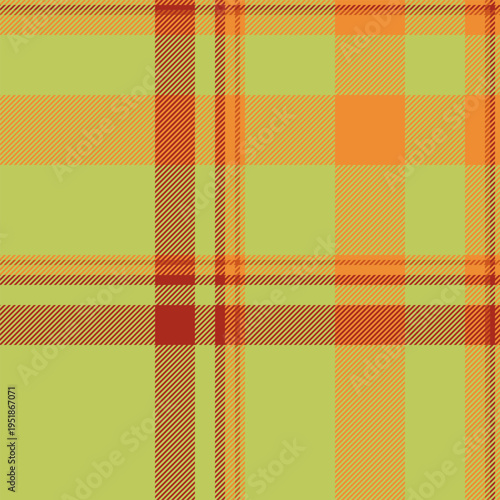 Deluxe seamless check plaid, performance tartan fabric background. Harvest textile texture pattern vector in lime and orange colors.