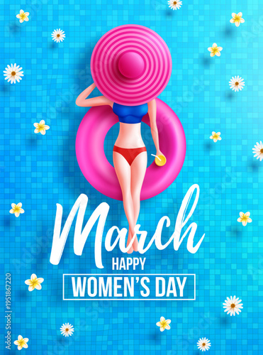 8 Mach Women's Day Poster or banner by symbol of 8 from women on round pool floats and big hat in the swimming pool.Promotion and shopping template for Women's Day and summer concept.