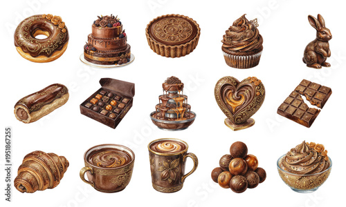 Watercolor chocolate dessert collection with ornate sweets and cakes