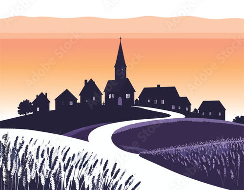 Sunset silhouette of European village with church tower and skyline