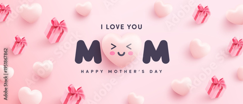 Mother's Day Poster or banner with sweet hearts and gift box on pink background.Promotion and shopping template or background for Love and Mother's day concept.Vector illustration eps 10
