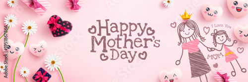 Mother's Day Poster with gift box , cute hearts and cartoon emoticon painting on pink background.Promotion and shopping template or background for Love and Mother's day concept.Vector illustration