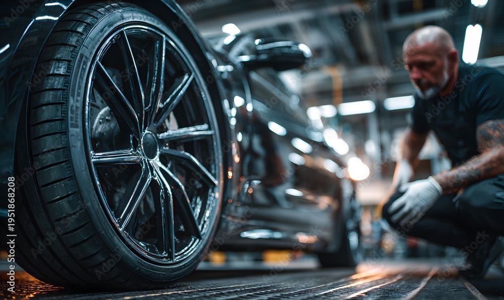 Fototapeta premium A diligent bald man in gloves inspects a gleaming black alloy wheel and new tire on a luxury sports car in a well lit modern automotive detailing workshop
