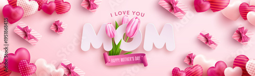 "I Love You MOM" Mother's Day Poster or banner with sweet hearts,flower and pink gift box on pink background.Promotion and shopping template or background for Love and Mother's day concept